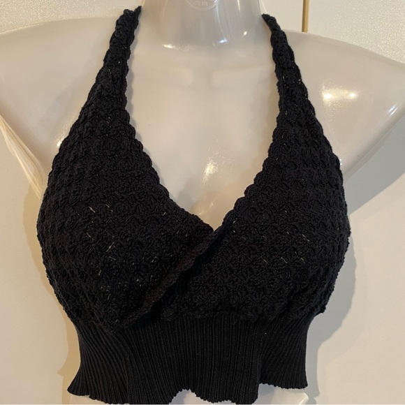 Black Crochet Knit Cropped Halter Top - Picture 2 of 16